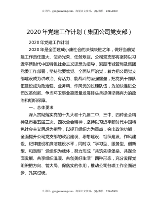 2020年党建工作计划（集团公司党支部）