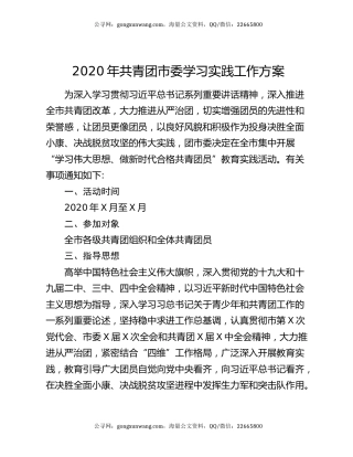 2020年共青团市委学习实践工作方案