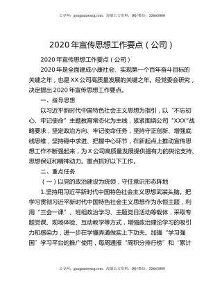 2020年宣传思想工作要点（公司）