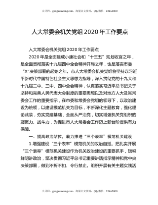 人大常委会机关党组2020年工作要点
