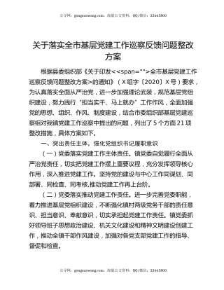关于落实全市基层党建工作巡察反馈问题整改方案