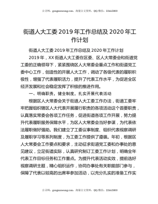 街道人大工委2019年工作总结及2020年工作计划