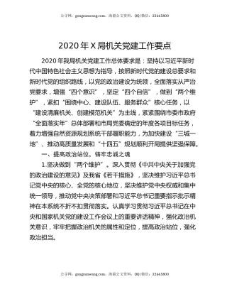 2020年X局机关党建工作要点