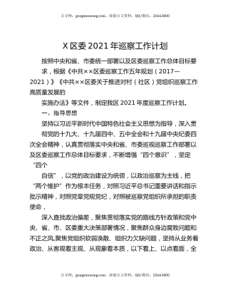 X区委2021年巡察工作计划