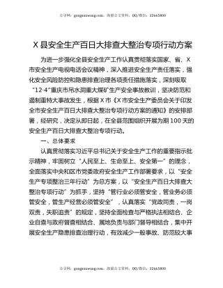 X县安全生产百日大排查大整治专项行动方案
