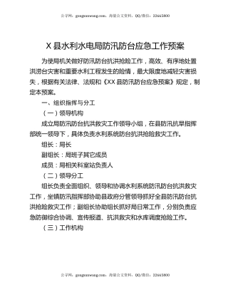 X县水利水电局防汛防台应急工作预案