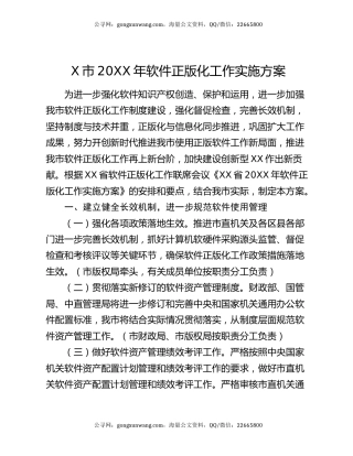 X市20XX年软件正版化工作实施方案