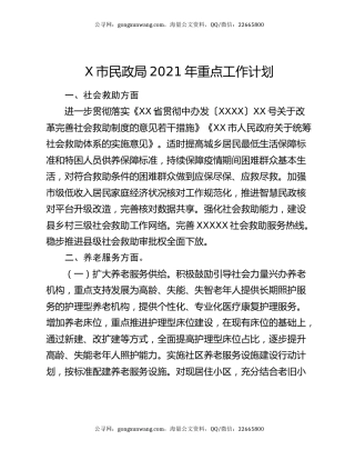 X市民政局2021年重点工作计划