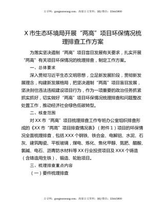 X市生态环境局开展“两高”项目环保情况梳理排查工作方案