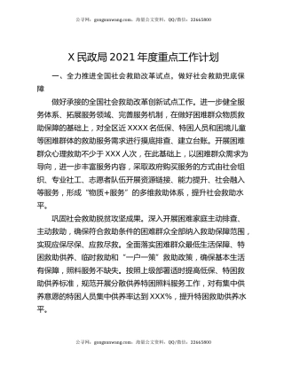 X民政局2021年度重点工作计划
