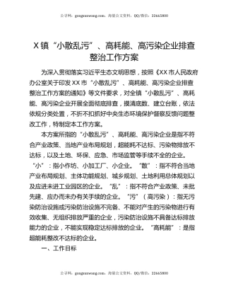 X镇“小散乱污”、高耗能、高污染企业排查整治工作方案