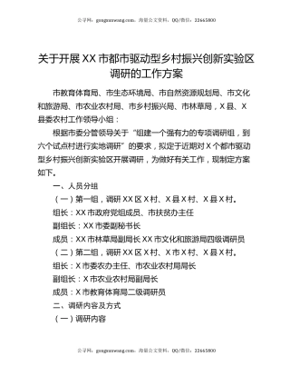 关于开展XX市都市驱动型乡村振兴创新实验区调研的工作方案