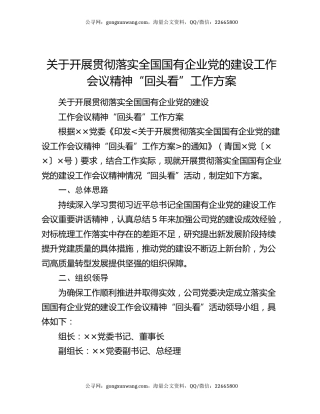 关于开展贯彻落实全国国有企业党的建设工作会议精神“回头看”工作方案