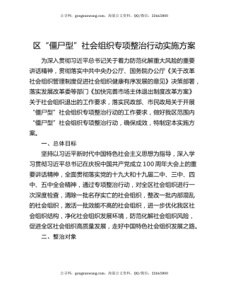 区“僵尸型”社会组织专项整治行动实施方案