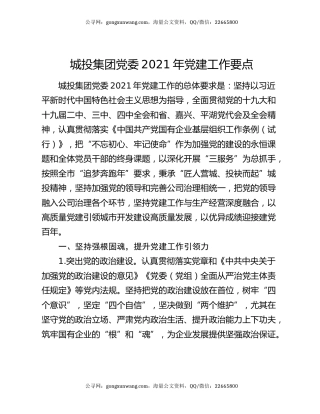 城投集团党委2021年党建工作要点