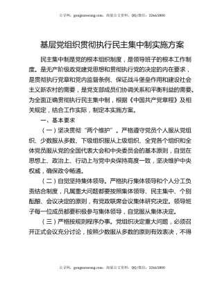 基层党组织贯彻执行民主集中制实施方案