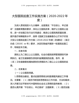 大型医院巡查工作实施方案（2020-2022年度）
