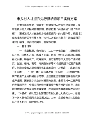 市乡村人才振兴先行县培育项目实施方案
