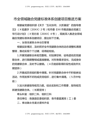 市全领域融合党建标准体系创建项目推进方案