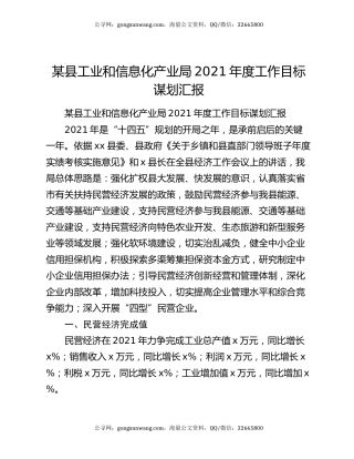 某县工业和信息化产业局2021年度工作目标谋划汇报