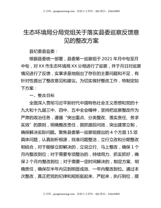生态环境局分局党组关于落实县委巡察反馈意见的整改方案