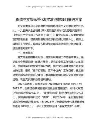 街道党支部标准化规范化创建项目推进方案