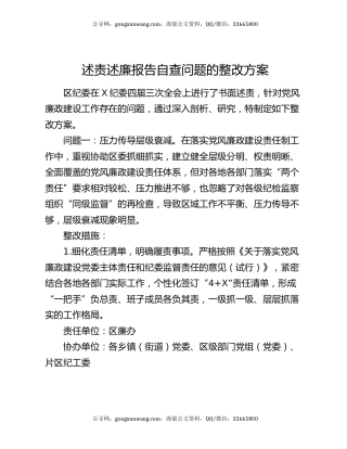 述责述廉报告自查问题的整改方案