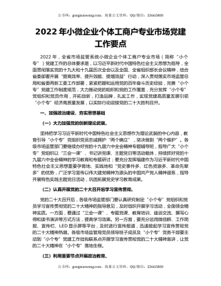 2022年小微企业个体工商户专业市场党建工作要点