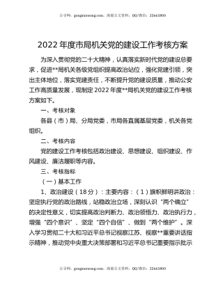 2022年度市局机关党的建设工作考核方案