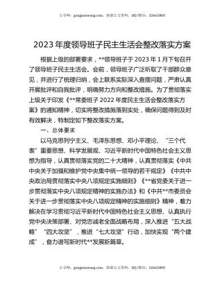2023年度领导班子民主生活会整改落实方案
