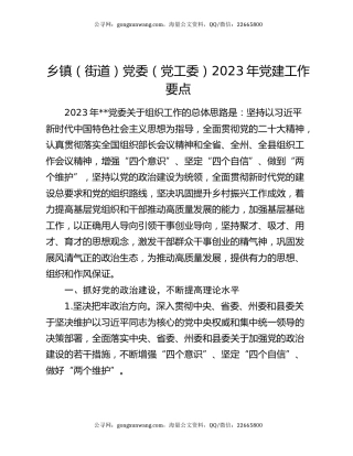 乡镇（街道）党委（党工委）2023年党建工作要点
