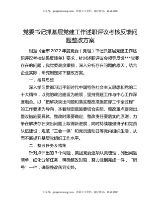 党委书记抓基层党建工作述职评议考核反馈问题整改方案