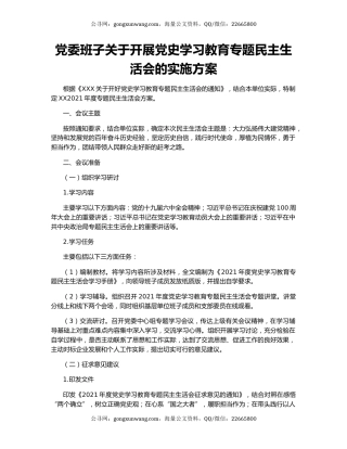 党委班子关于开展党史学习教育专题民主生活会的实施方案
