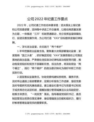 公司2022年纪委工作要点
