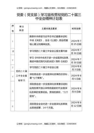 2024年党委（党支部）学习宣传贯彻党的二十届三中全会精神计划表