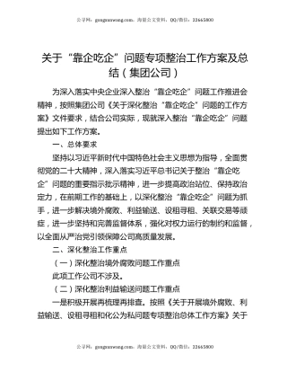 关于“靠企吃企”问题专项整治工作方案及总结（集团公司）