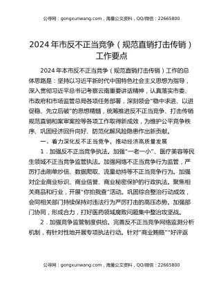 2024年市反不正当竞争（规范直销打击传销）工作要点