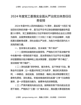 2024年度党工委落实全面从严治党主体责任任务安排