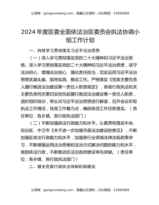 2024年度区委全面依法治区委员会执法协调小组工作计划