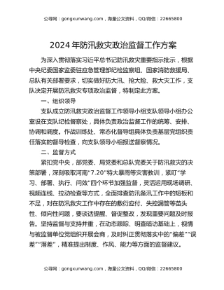 2024年防汛救灾政治监督工作方案