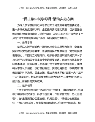 “民主集中制学习月”活动实施方案