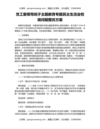 党工委领导班子主题教育专题民主生活会检视问题整改方案