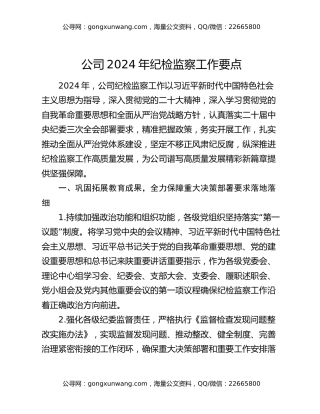 公司2024年纪检监察工作要点