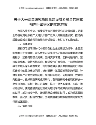 关于大兴调查研究高质量建设城乡融合共同富裕先行试验区的实施方案