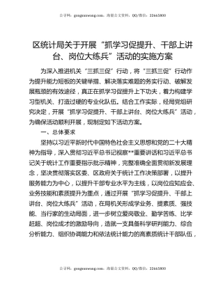 区统计局关于开展“抓学习促提升、干部上讲台、岗位大练兵”活动的实施方案