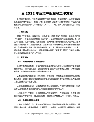 县2022年蔬菜产业发展工作方案