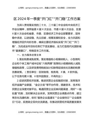 区2024年一季度“开门红”“开门稳”工作方案