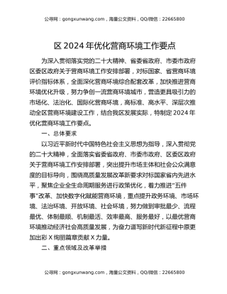 区2024年优化营商环境工作要点