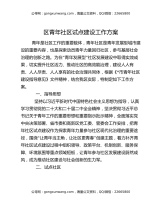 区青年社区试点建设工作方案