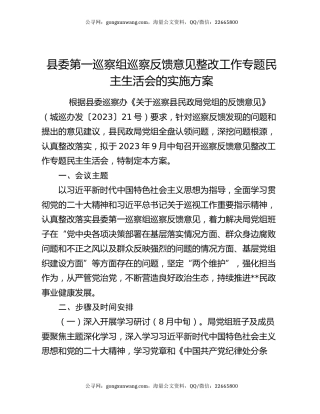 县委第一巡察组巡察反馈意见整改工作专题民主生活会的实施方案